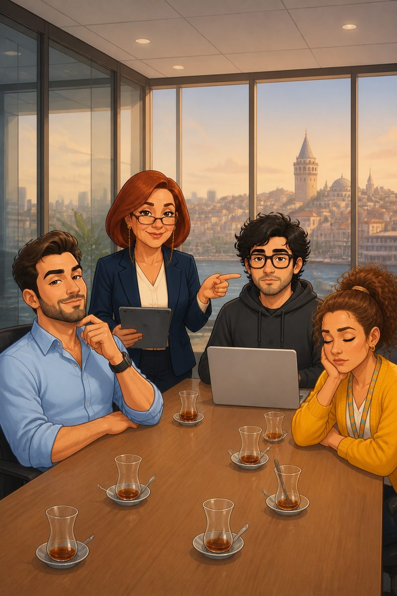 Toplantı masasında çay bardaklarıyla Gülay Hanım ve ekibi